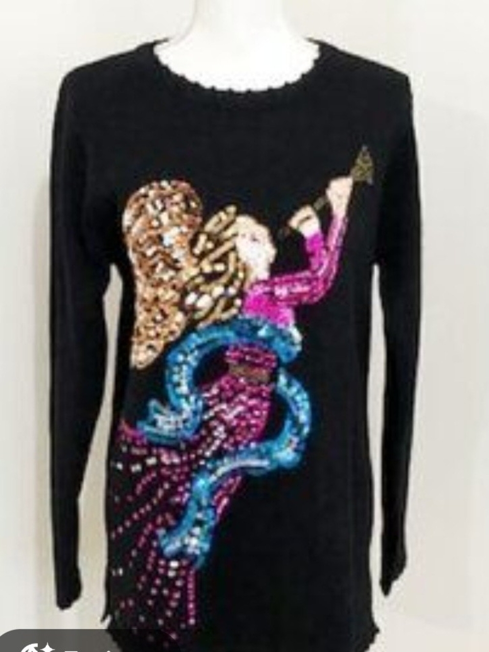 Quacker Factory Black Sequin Angel Sweater with Pink, Blue & Gold Accents Size M - Picture 2 of 9